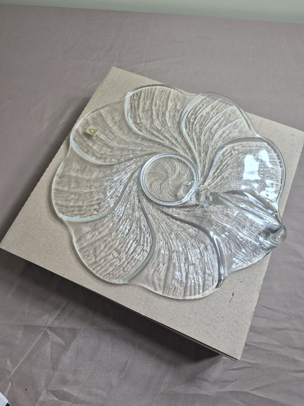Oberglas Austria Clear Textured Glass Serving Platter Center Handle